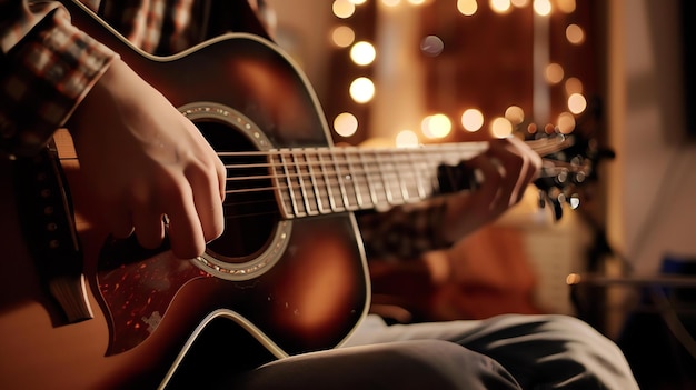 Foto uma pessoa irreconhecível tocando uma guitarra acústica em uma sala mal iluminada com uma atmosfera calorosa e convidativa