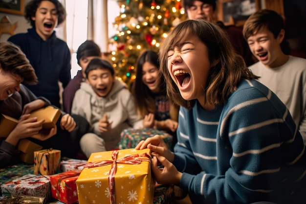 Uma pessoa jovem sorridente recebe um presente de aniversário generativo ai