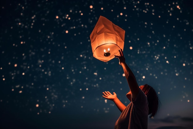 Uma pessoa lançando uma lanterna de papel no céu noturno saúde mental