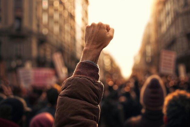 Uma pessoa levantando o punho em desafio durante um protesto de rua