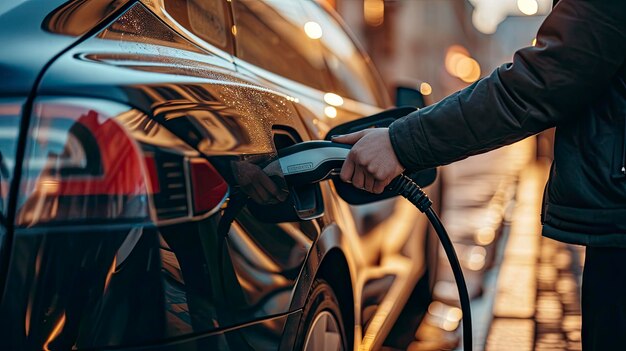 Foto uma pessoa ligando um carregador a um carro elétrico em uma rua da cidade