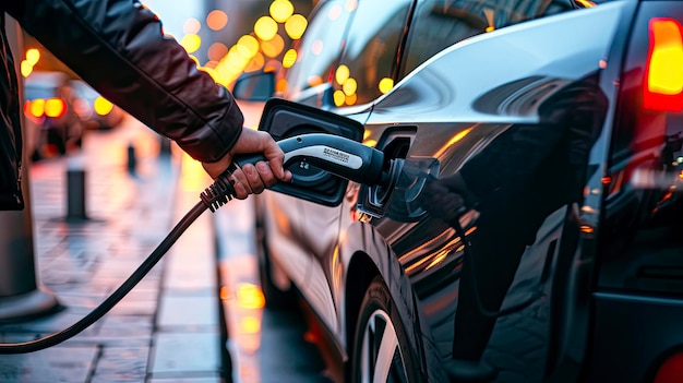 Foto uma pessoa ligando um carregador a um carro elétrico em uma rua da cidade