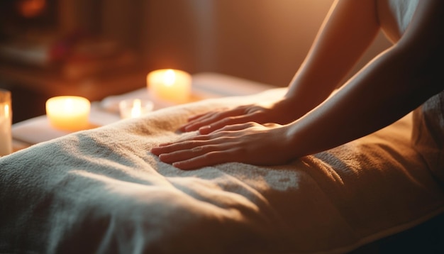 Uma pessoa meditando desfrutando de um tratamento de spa massageando o relaxamento gerado pela IA