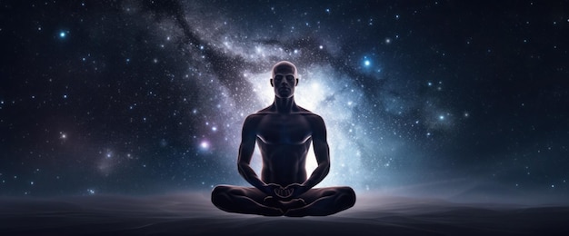 Uma pessoa meditando em frente a um céu estrelado