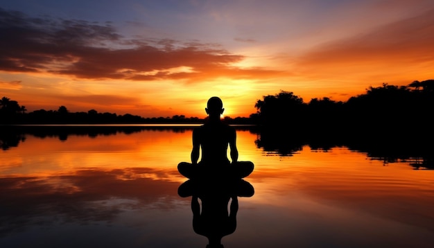 Uma pessoa meditando em frente a um pôr do sol