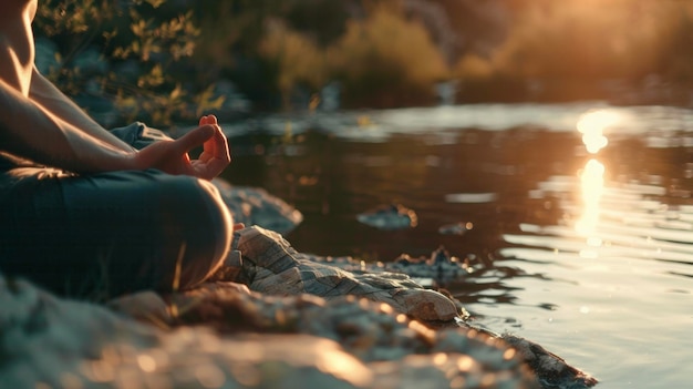 Uma pessoa meditando em um cenário natural sereno incorporando práticas de cura tradicionais como