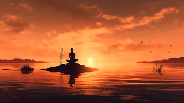 Uma pessoa meditando em uma ilha com um pôr do sol ao fundo