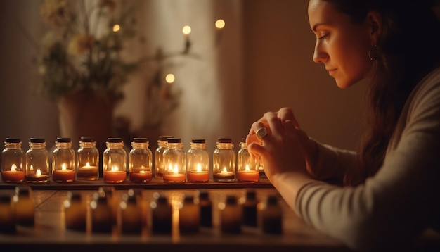 Foto uma pessoa meditando iluminada pela luz de velas encontrando a espiritualidade na solidão gerada pela ia