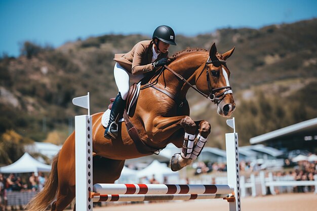 Uma pessoa montando um cavalo está pulando sobre uma cerca