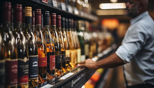 uma pessoa no supermercado perto da seção de vinhos segurando uma garrafa de vinho