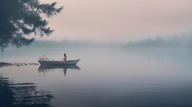 Uma pessoa num barco num lago.