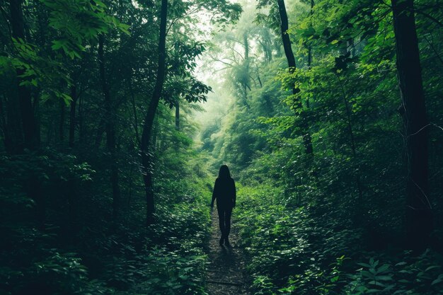 Foto uma pessoa numa floresta densa a navegar entre as árvores para obscurecer o seu caminho e intenções.