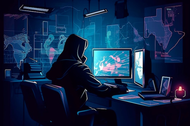 Uma pessoa numa sala escura com um monitor de computador e um capuz que diz segurança cibernética.