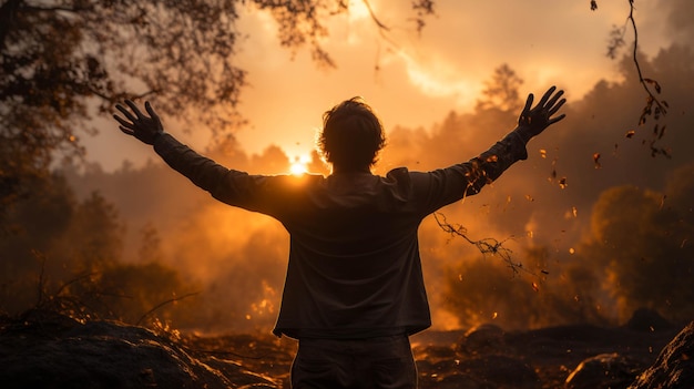 Foto uma pessoa orando a deus num lugar pacífico ao pôr-do-sol