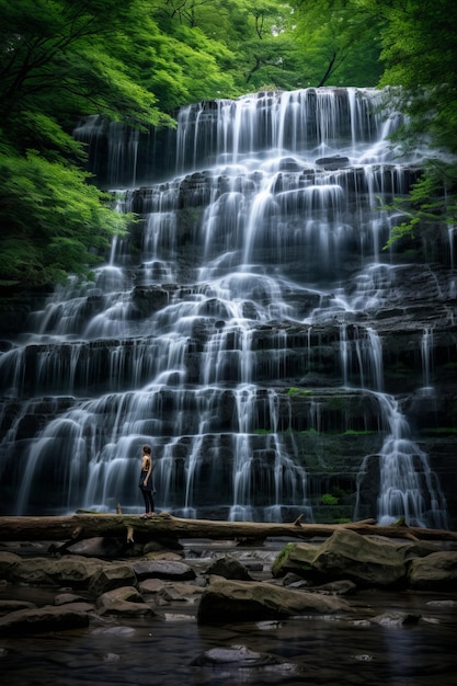 Foto uma pessoa parada em frente a uma cachoeira
