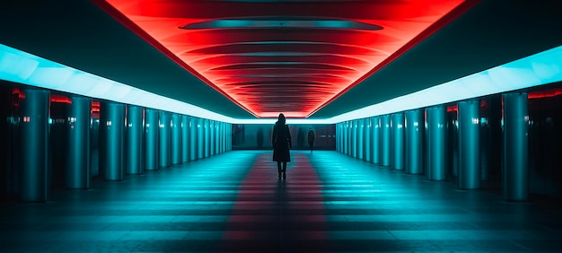 Foto uma pessoa parada em um túnel com uma luz vermelha no teto.