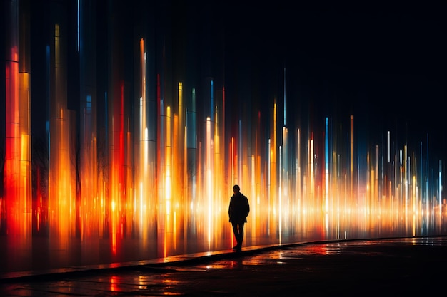 uma pessoa parada na frente de uma longa fila de luzes coloridas