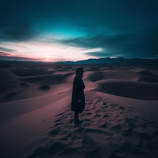 Uma pessoa parada no deserto com o sol se pondo atrás dela.