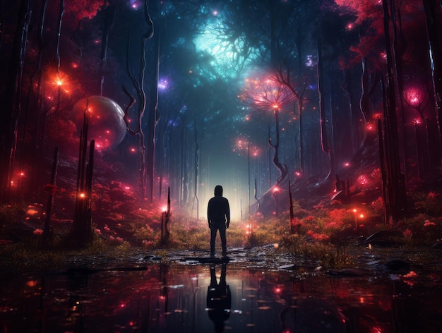 uma pessoa parada no meio de uma floresta com luzes brilhantes