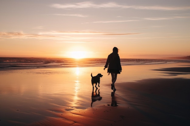 Uma pessoa passeando com um cachorro na praia ao pôr do sol Imagem generativa de IA