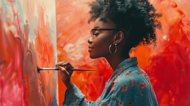 Uma pessoa pintando em uma tela contra um fundo de pêssego macio