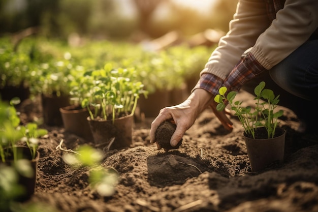 Uma pessoa plantando mudas em um jardim