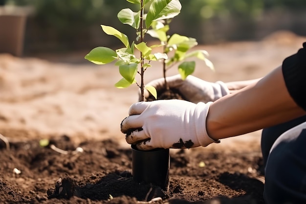 Uma pessoa plantando uma árvore em um jardim