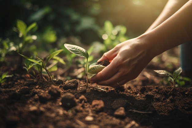 Uma pessoa plantando uma muda em um jardim