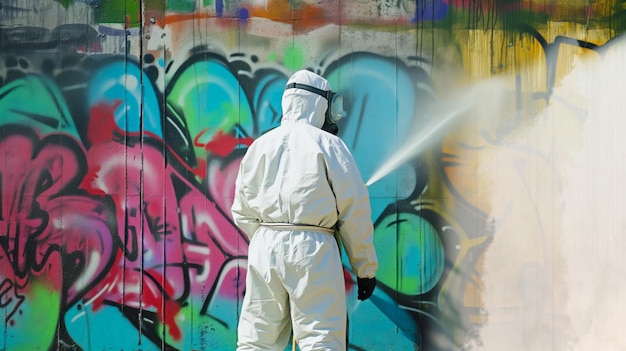 Foto uma pessoa por trás com um traje de proteção limpa uma parede de graffiti com um jato de alta pressão
