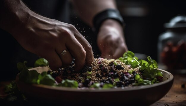 Uma pessoa preparando uma salada vegetariana saudável com ingredientes frescos gerados por IA