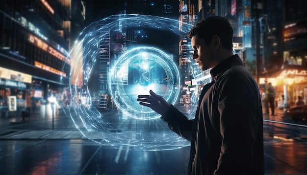 Uma pessoa projetando um holograma de sua mente para um lugar futurista do mundo real