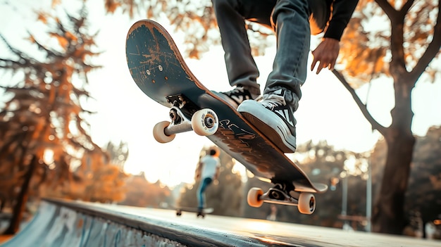 uma pessoa pulando um skate com a palavra nele