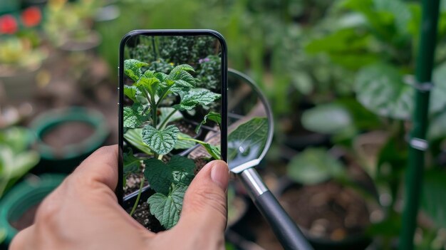 Foto uma pessoa que inspeciona suas plantas sai através da função de lupa virtual do aplicativo para verificar