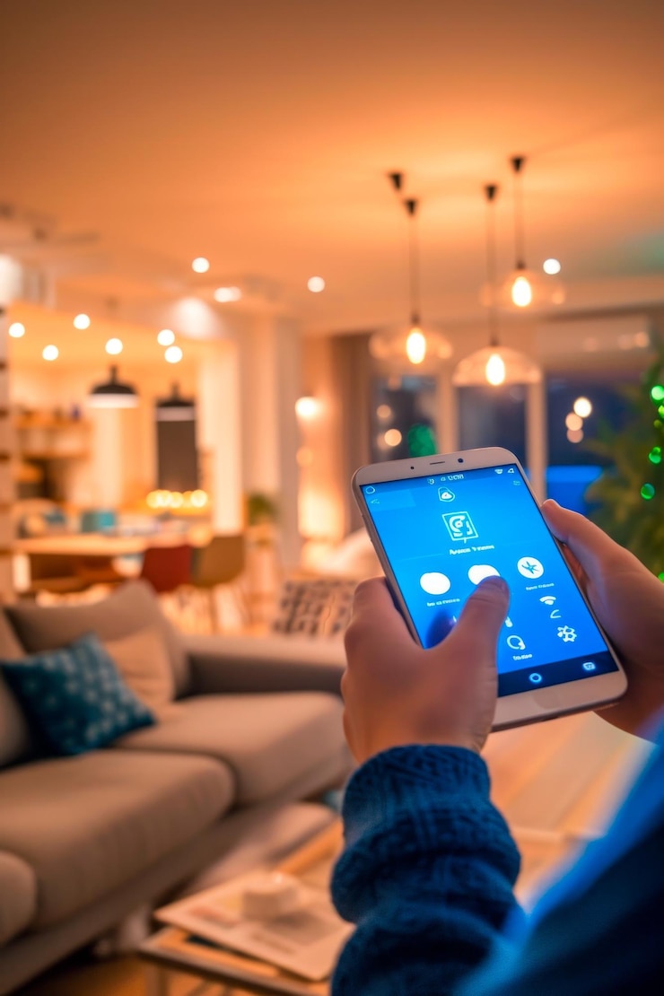 Foto uma pessoa que utiliza uma aplicação móvel para ajustar dispositivos domésticos inteligentes
