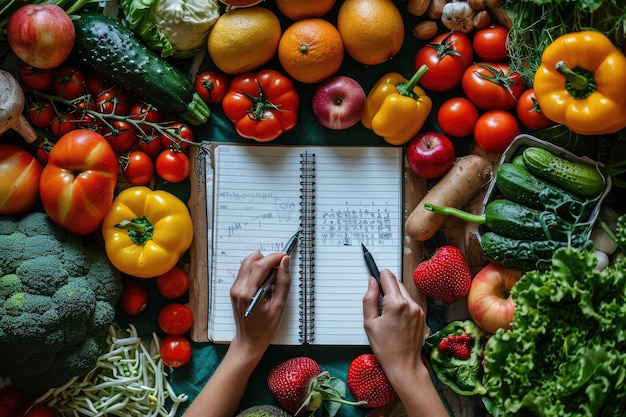 Uma pessoa rabiscando em um bloco de notas em meio a um arco-íris de frutas e legumes vibrantes Generative Ai