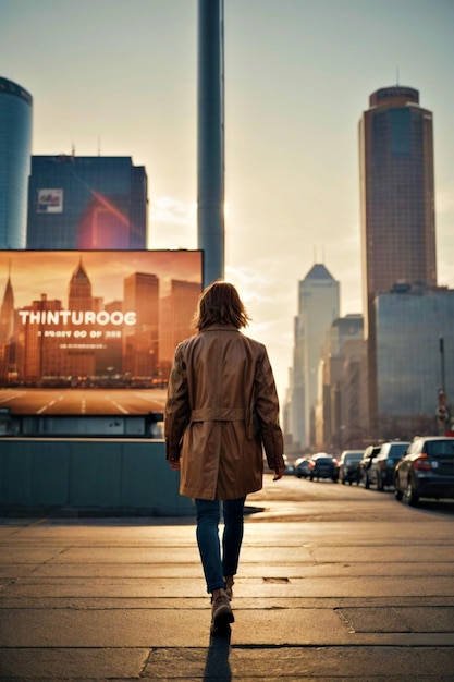 Uma pessoa saindo de um outdoor anunciando um novo produto com uma paisagem urbana