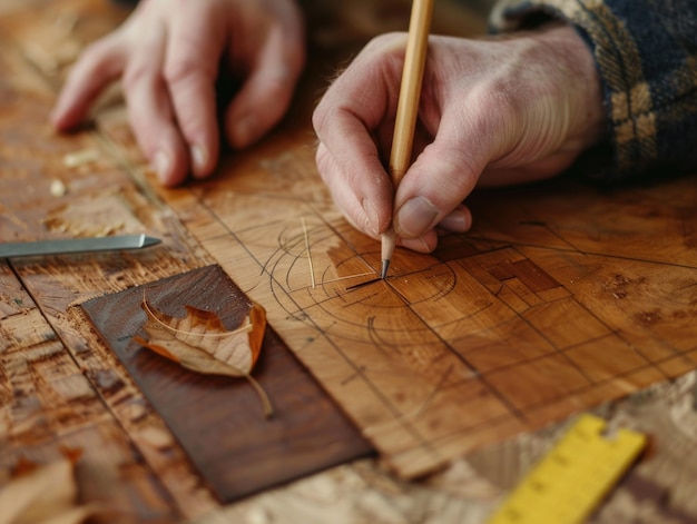 Uma pessoa segura delicadamente um lápis em uma mesa de madeira, esboçando ideias criativas com medidas e escala precisas