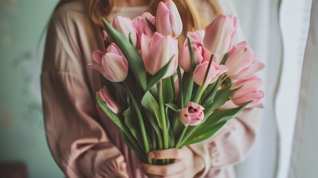 Uma pessoa segura um buquê vibrante de tulipas cor-de-rosa, simbolizando a primavera e a frescura