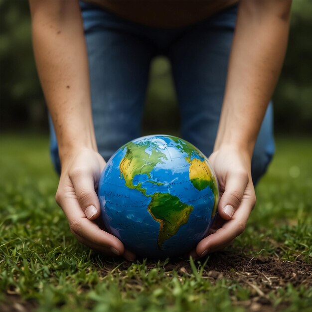 Foto uma pessoa segura um globo nas mãos