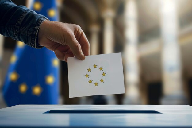 Uma pessoa segura um papel de votação na mão pronta para participar nas eleições para a UE em 2024