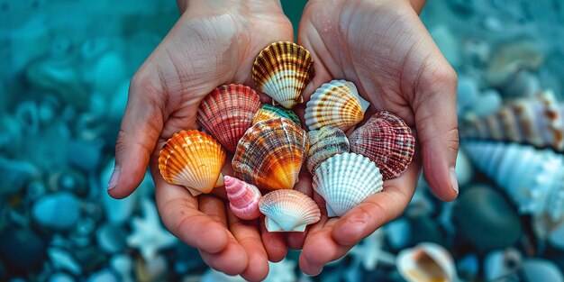 Foto uma pessoa segura um punhado de conchas e uma concha