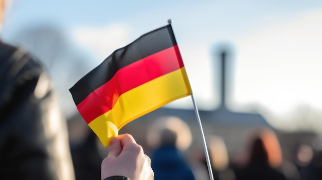 Uma pessoa segura uma bandeira alemã em frente a um prédio.