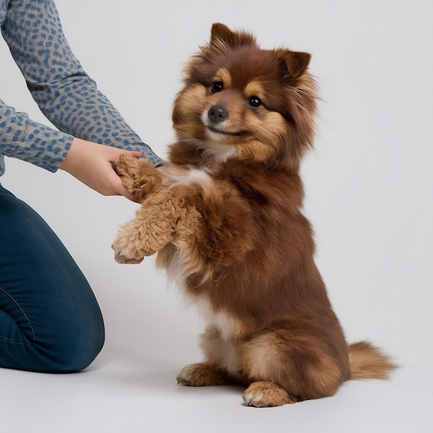 Foto uma pessoa segurando a pata de um cão de brinquedo russo marrom em pé em sua perna traseira isolada em fundo branco