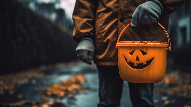 Uma pessoa segurando um balde com uma lanterna jack'o pintada nele