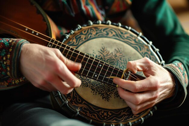 Foto uma pessoa segurando um banjo em suas mãos