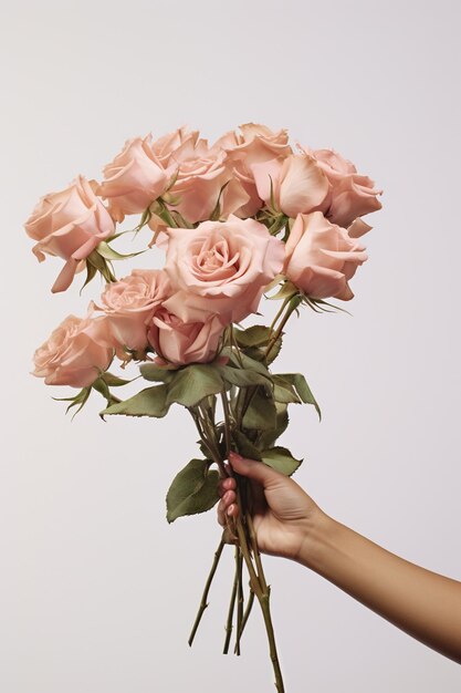 uma pessoa segurando um bouquet de rosas brancas criadas com IA generativa