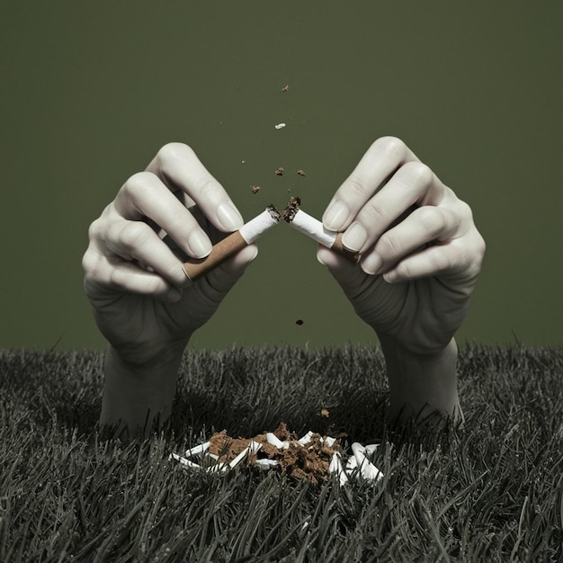 uma pessoa segurando um cigarro nas mãos e a palavra "cigarros" na parte inferior direita
