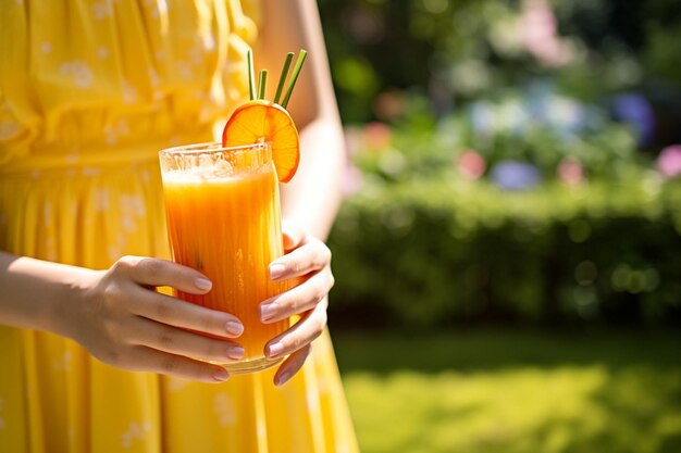 Uma pessoa segurando um copo de suco de cenoura com um campo de cenouras ao fundo