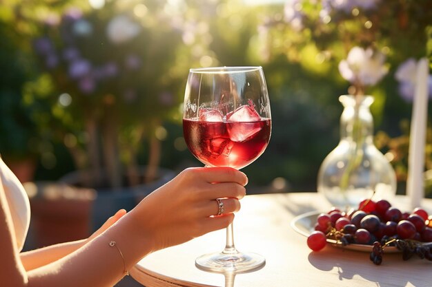 Uma pessoa segurando um copo de suco de cranberry em um cenário de jardim