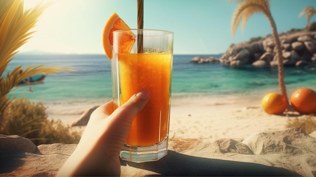 Uma pessoa segurando um copo de suco de laranja na praia